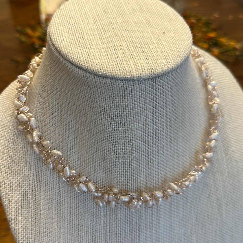 Wire Rose Gold tone freshwater pearl necklace. Brand new studio Artist piece.